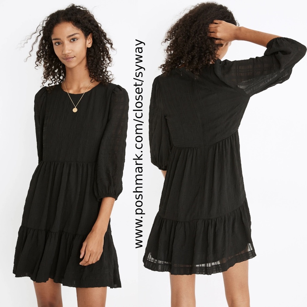 Madewell Puff-Sleeve Ruffle-Hem Textured Mini Dress